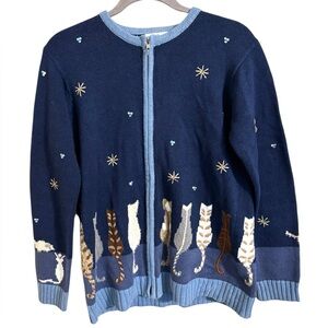 Quacker Factory Cats Under Night Sky Zip Up Knit Sweater XS‎